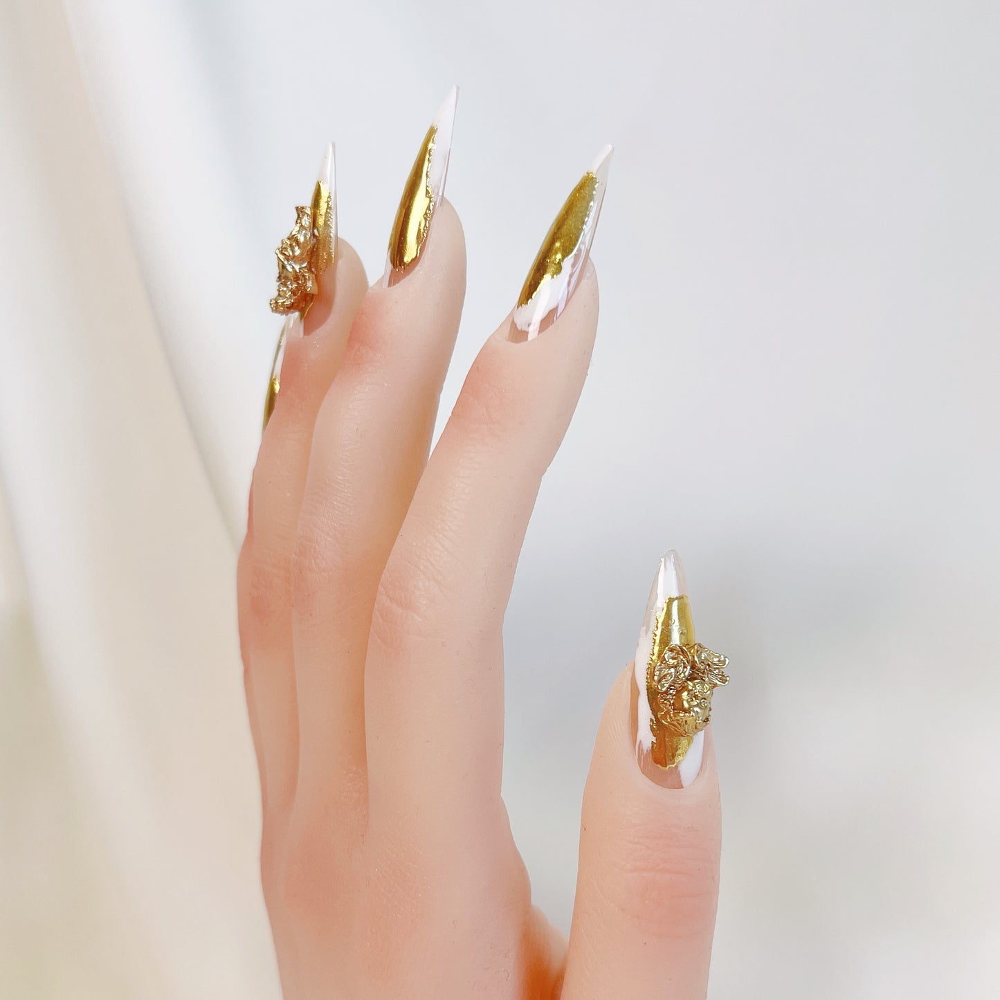 PO025 3D gold chrome abstract long stiletto press on nails