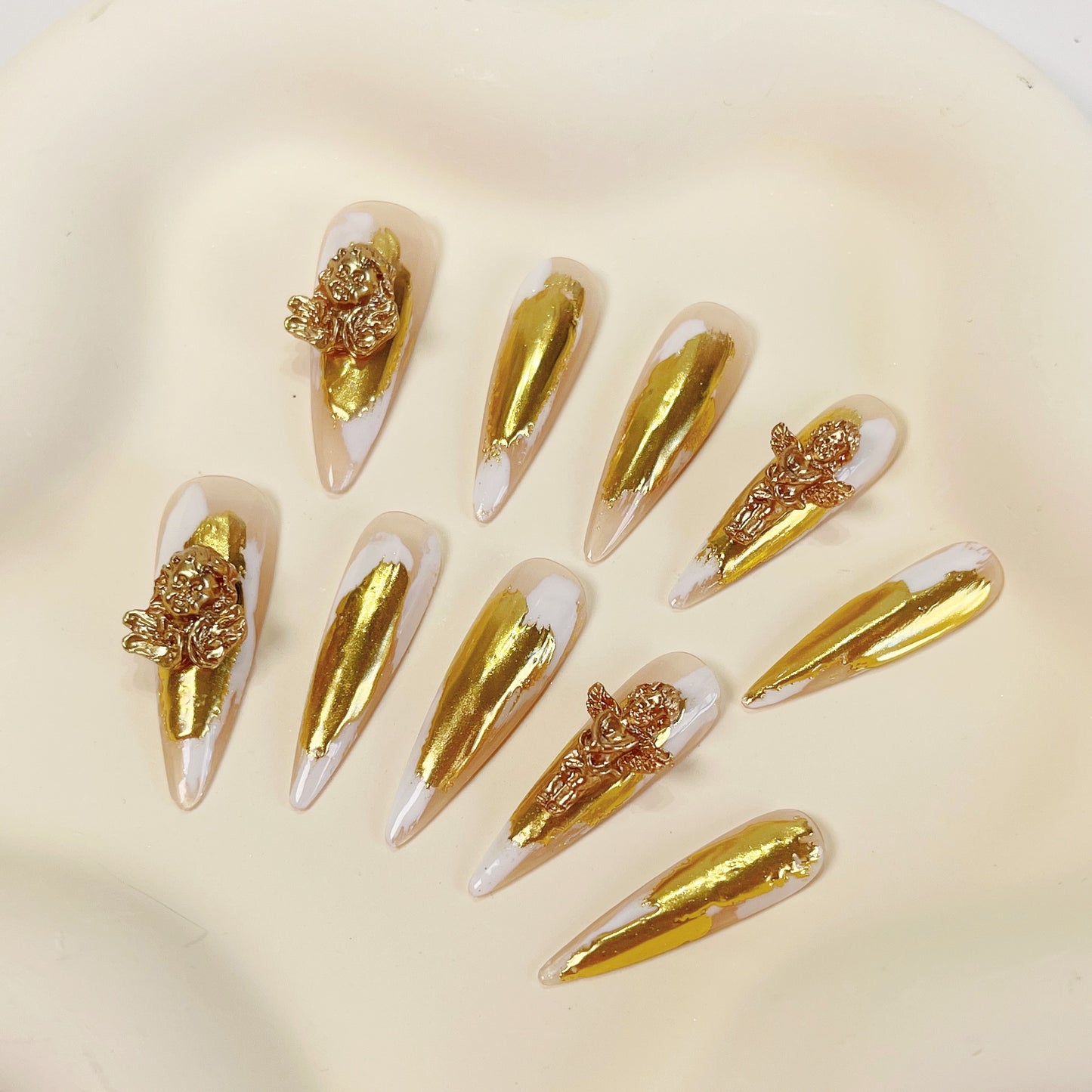 PO025 3D gold chrome abstract long stiletto press on nails
