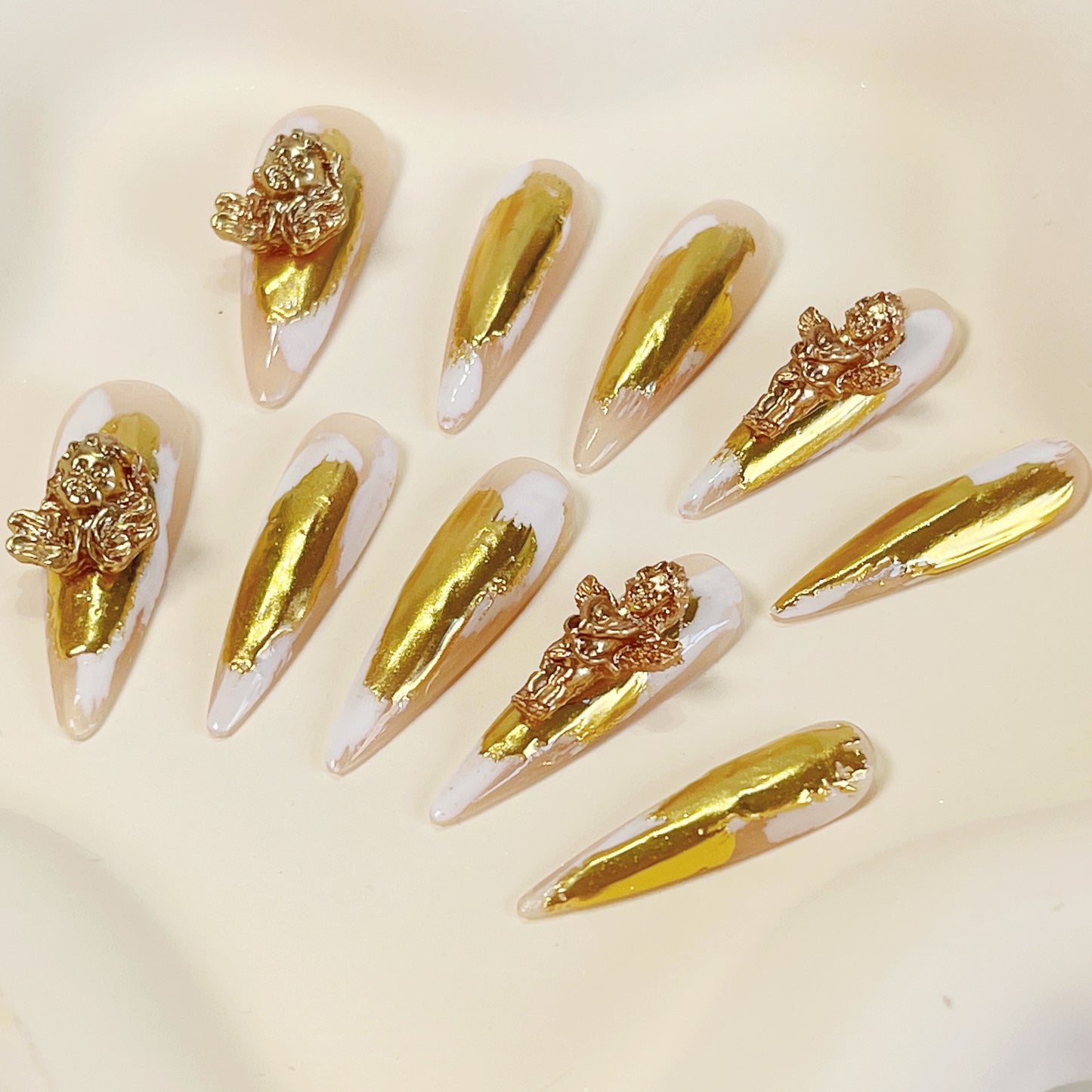 PO025 3D gold chrome abstract long stiletto press on nails