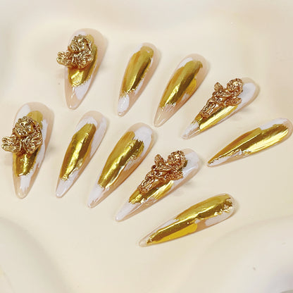 PO025 3D gold chrome abstract long stiletto press on nails
