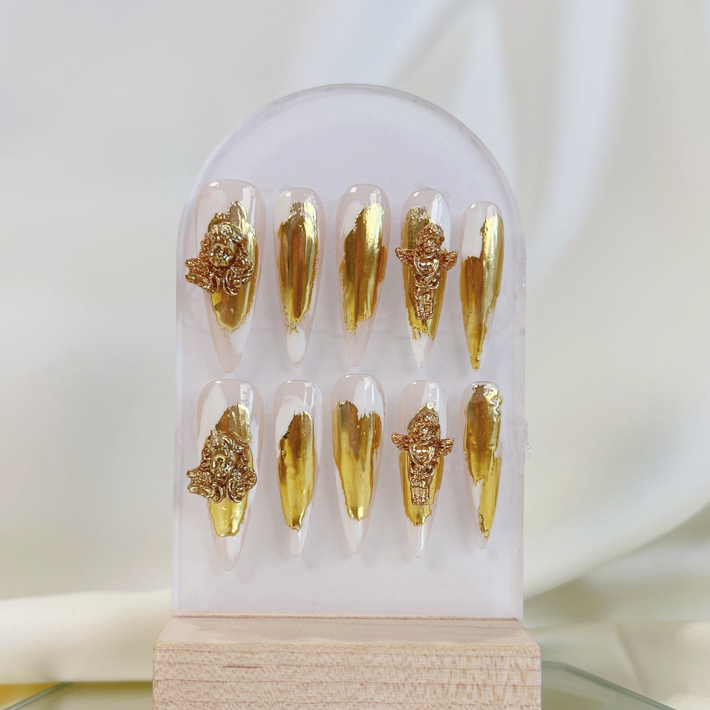 PO025 3D gold chrome abstract long stiletto press on nails