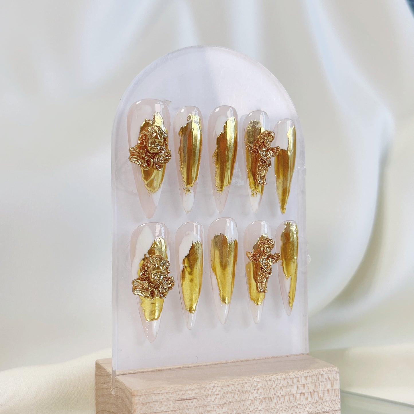 PO025 3D gold chrome abstract long stiletto press on nails