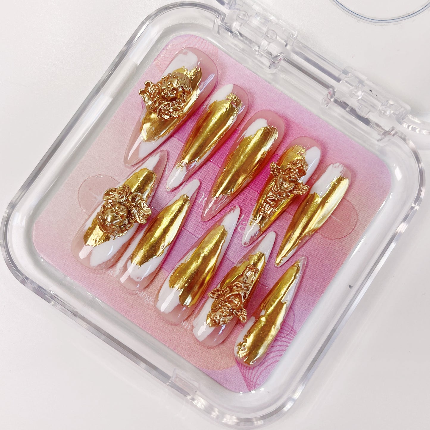 PO025 3D gold chrome abstract long stiletto press on nails