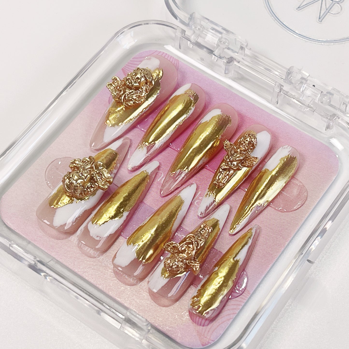PO025 3D gold chrome abstract long stiletto press on nails