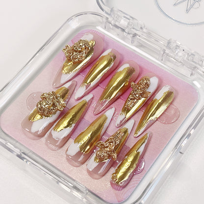 PO025 3D gold chrome abstract long stiletto press on nails