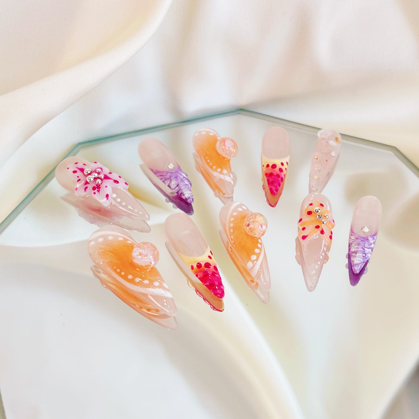 PO028 3D tropical flower long stiletto press on nails