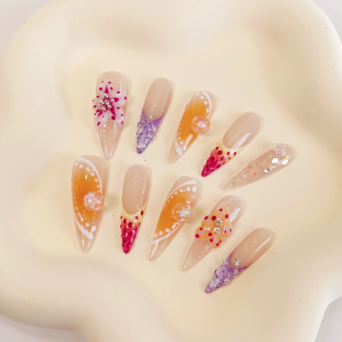 PO028 3D tropical flower long stiletto press on nails