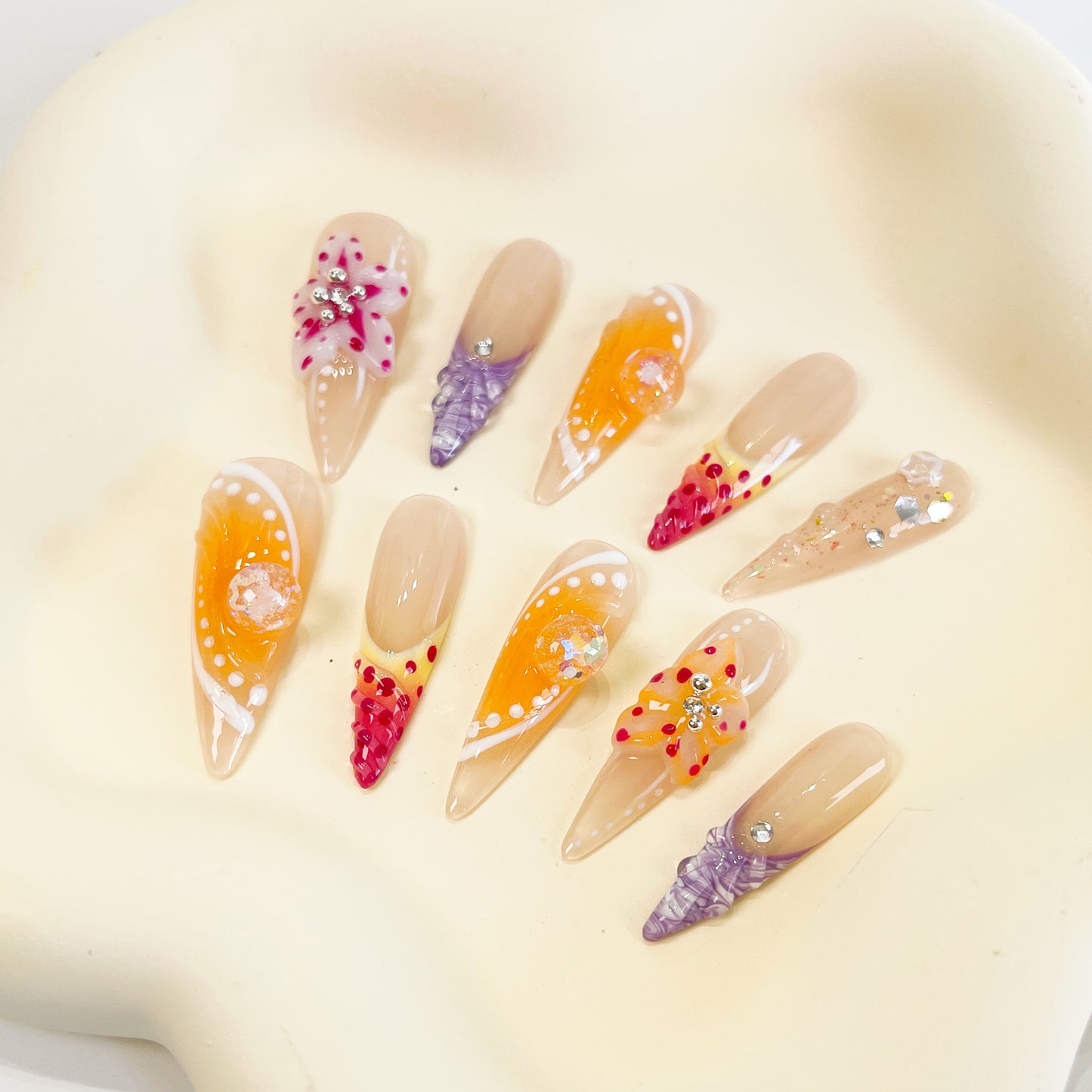 PO028 3D tropical flower long stiletto press on nails