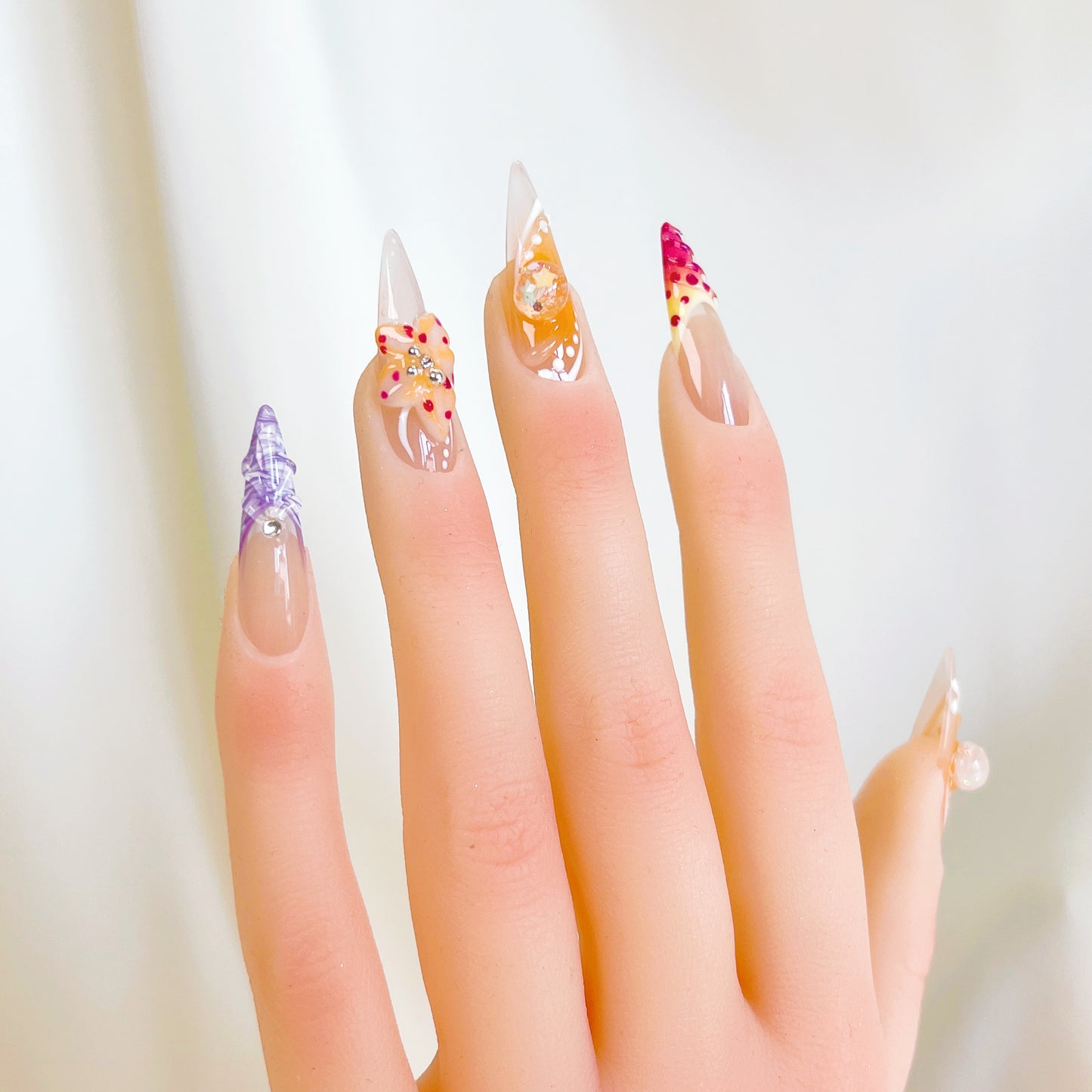 PO028 3D tropical flower long stiletto press on nails