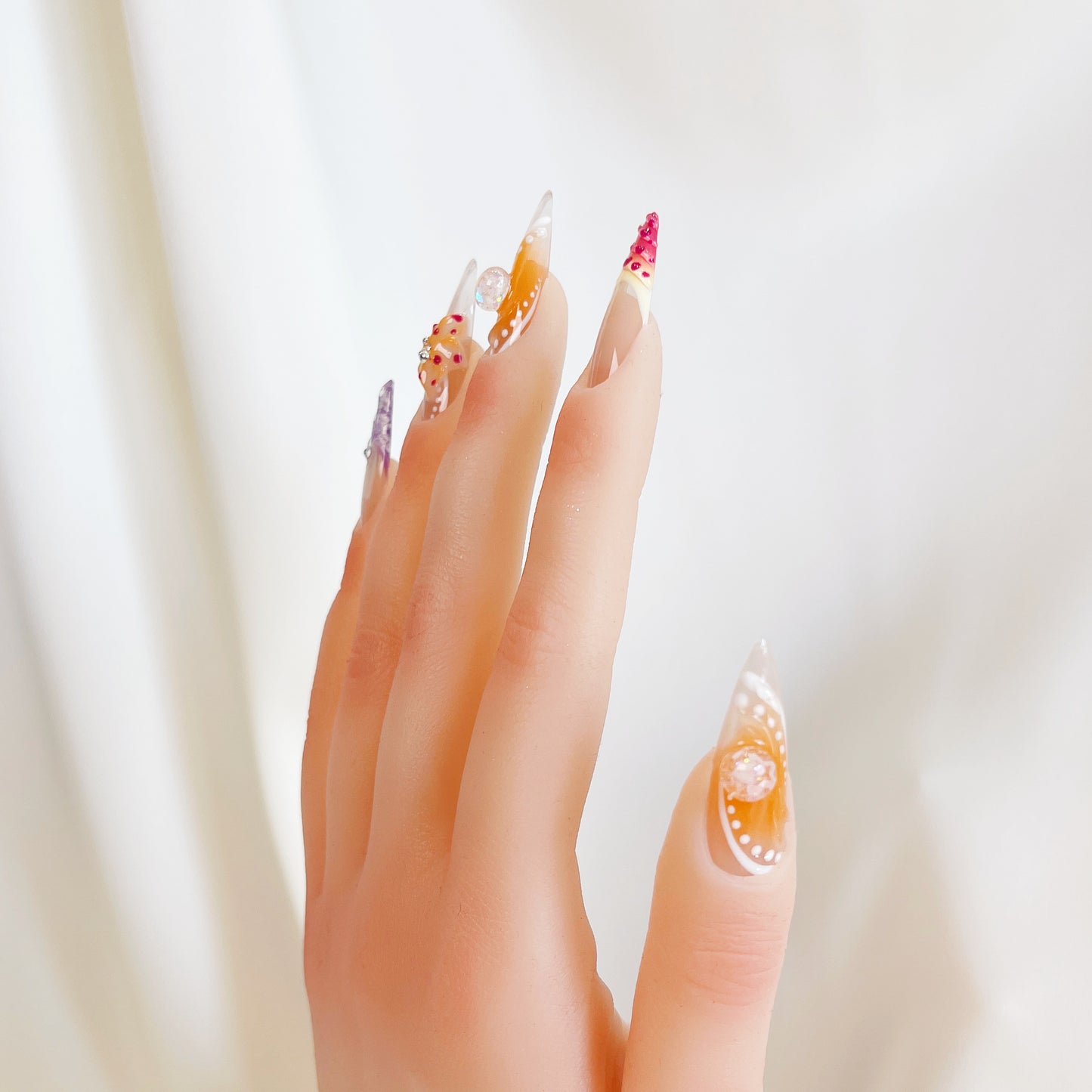 PO028 3D tropical flower long stiletto press on nails