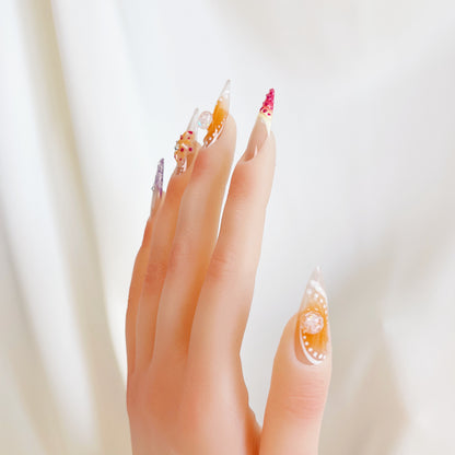 PO028 3D tropical flower long stiletto press on nails