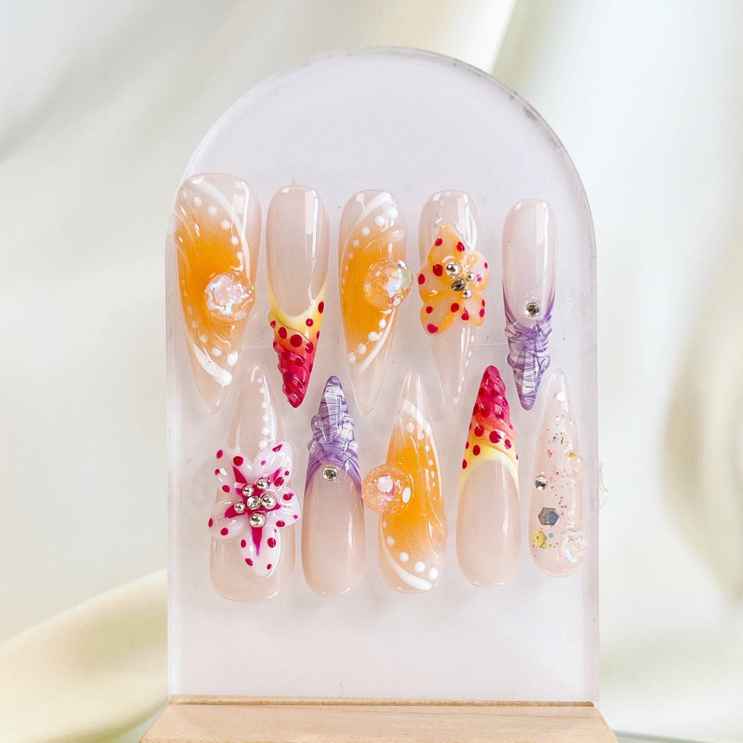 PO028 3D tropical flower long stiletto press on nails