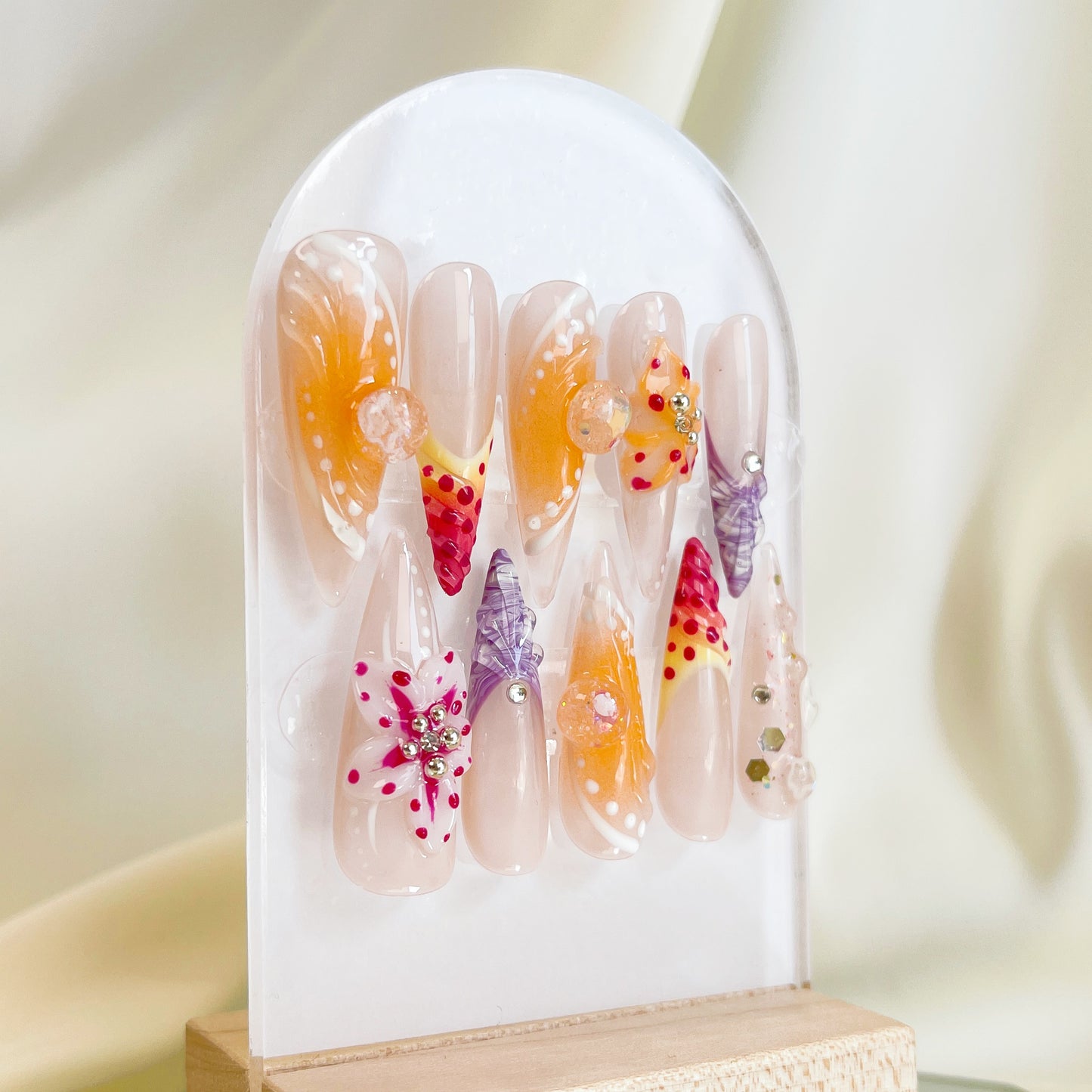 PO028 3D tropical flower long stiletto press on nails