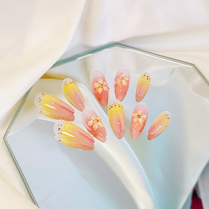 PO031 aurora tropical 3D flower almond press on nails