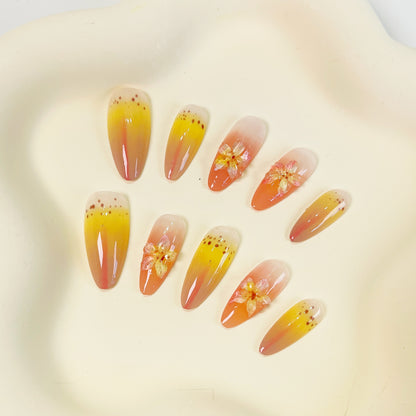 PO031 aurora tropical 3D flower almond press on nails