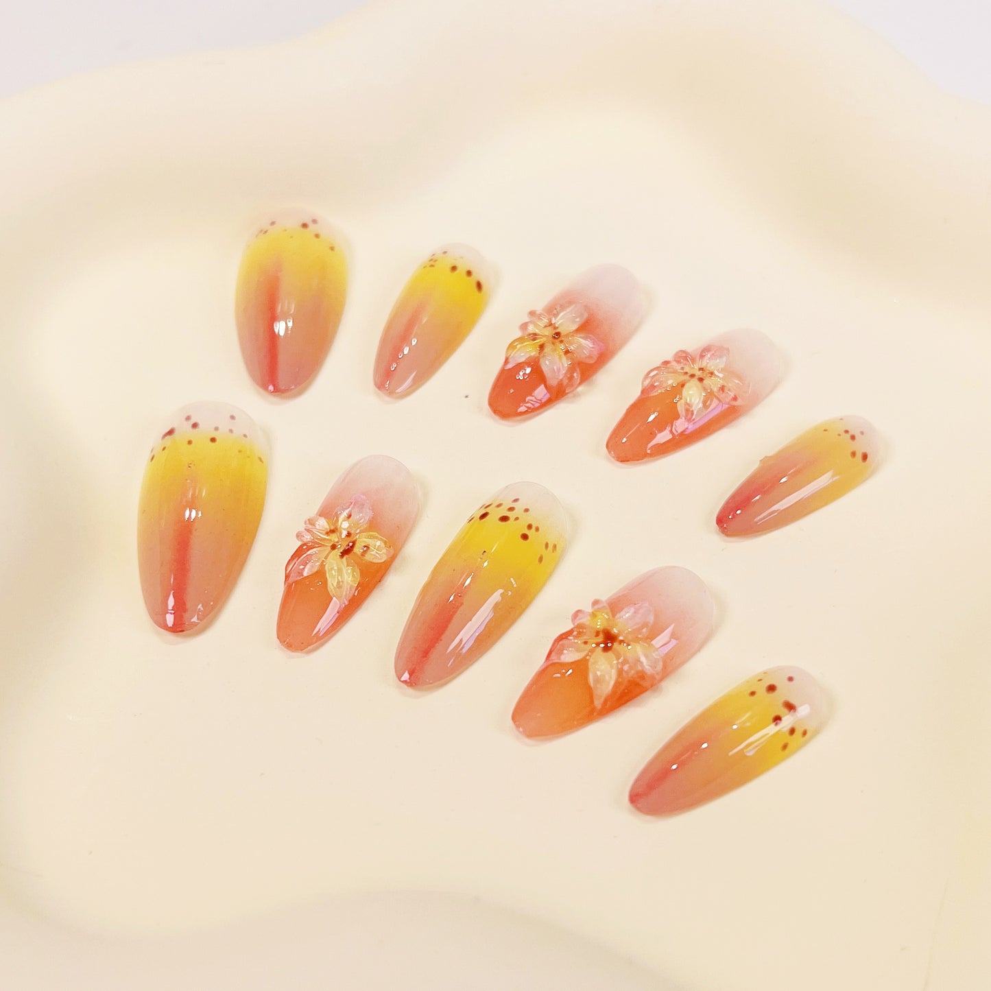 PO031 aurora tropical 3D flower almond press on nails