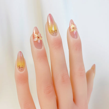 PO031 aurora tropical 3D flower almond press on nails