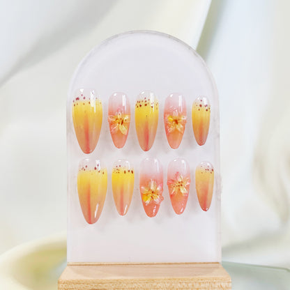 PO031 aurora tropical 3D flower almond press on nails