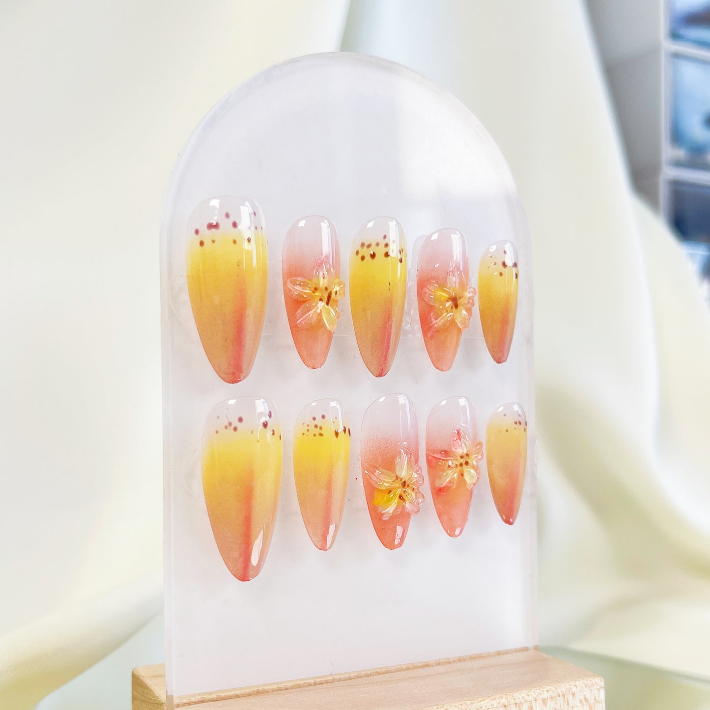 PO031 aurora tropical 3D flower almond press on nails