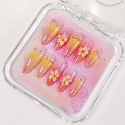 PO031 aurora tropical 3D flower almond press on nails