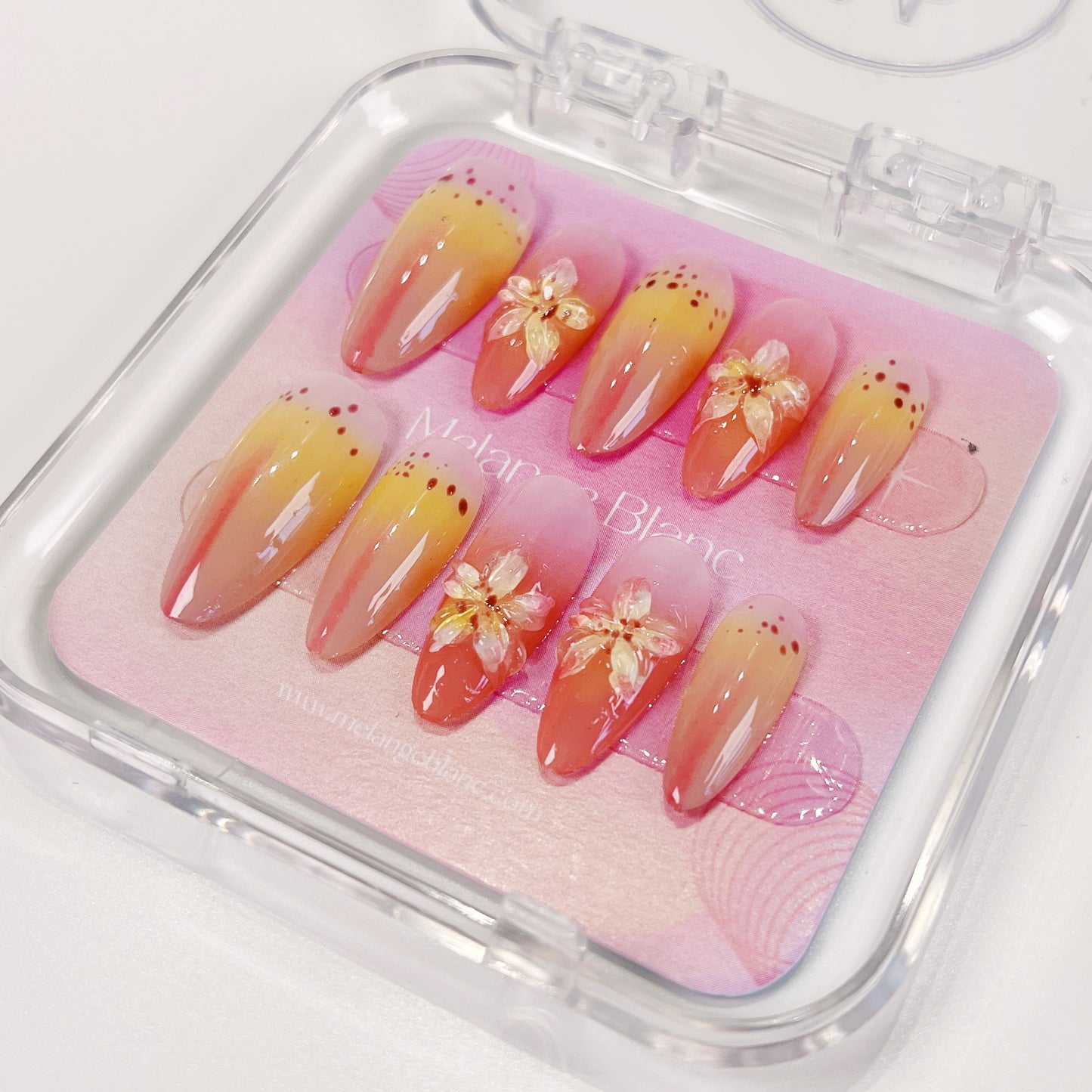 PO031 aurora tropical 3D flower almond press on nails
