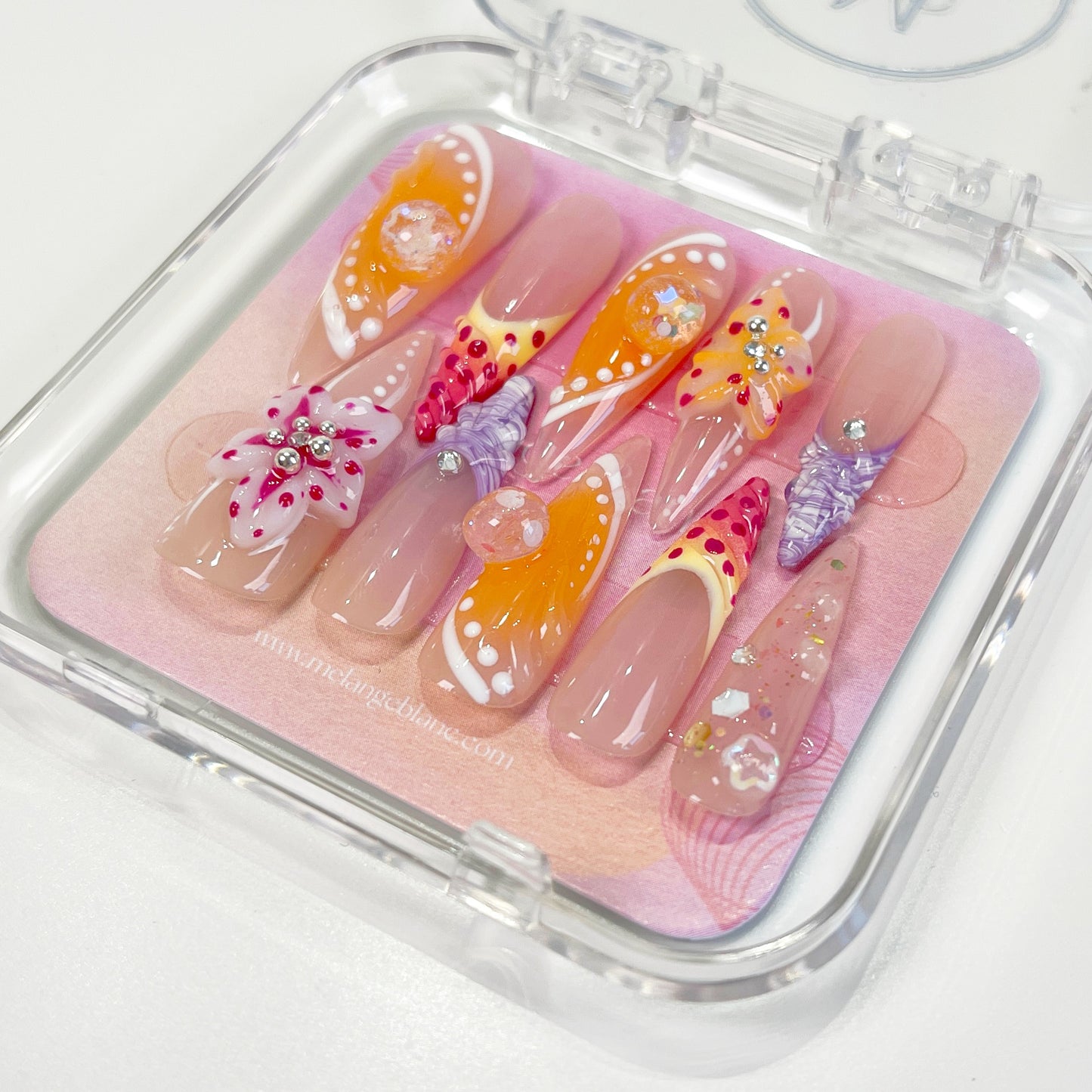PO028 3D tropical flower long stiletto press on nails