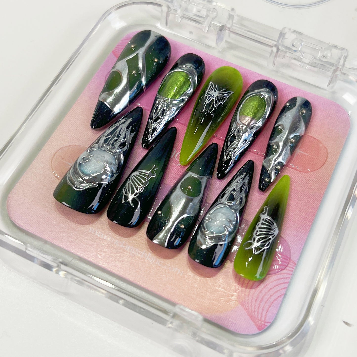 PO029 cyberpunk green gothic long stiletto press on nails