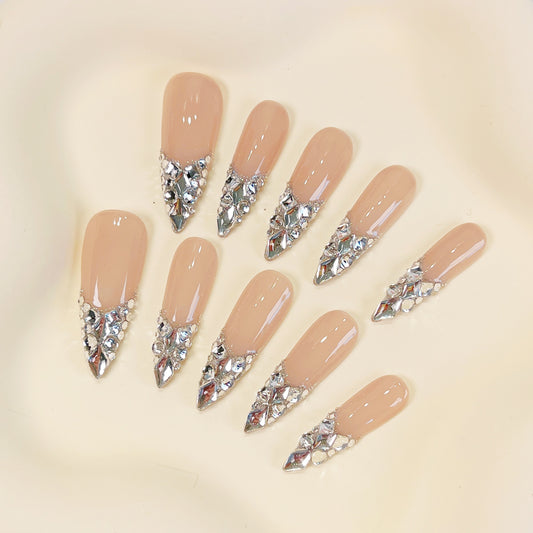 PO034 silver crystal gem bling long stiletto press on nails