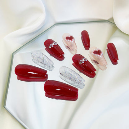 PO035 red heart coffin press on nails