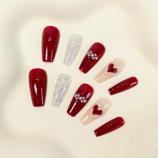 PO035 red heart coffin press on nails