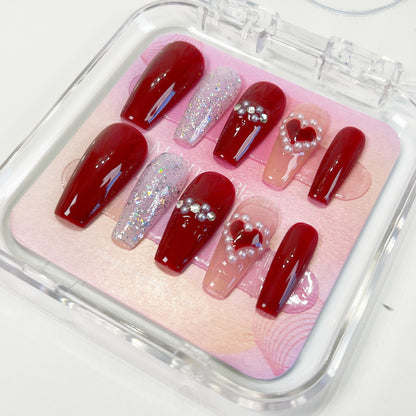 PO035 red heart coffin press on nails