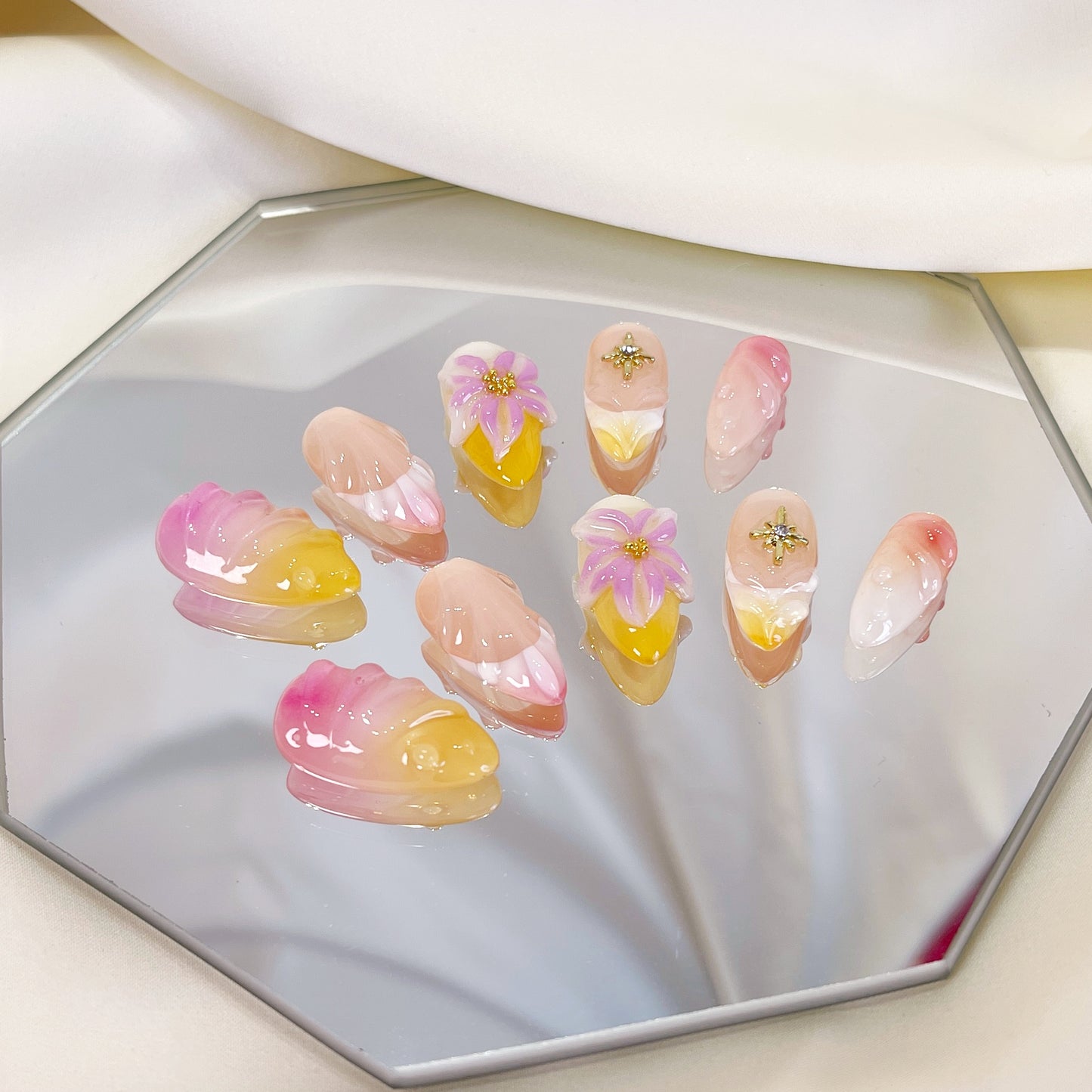 PO042 3D tropical beach flower press on nails