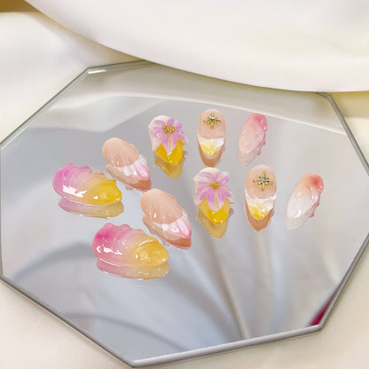 PO042 3D tropical beach flower press on nails