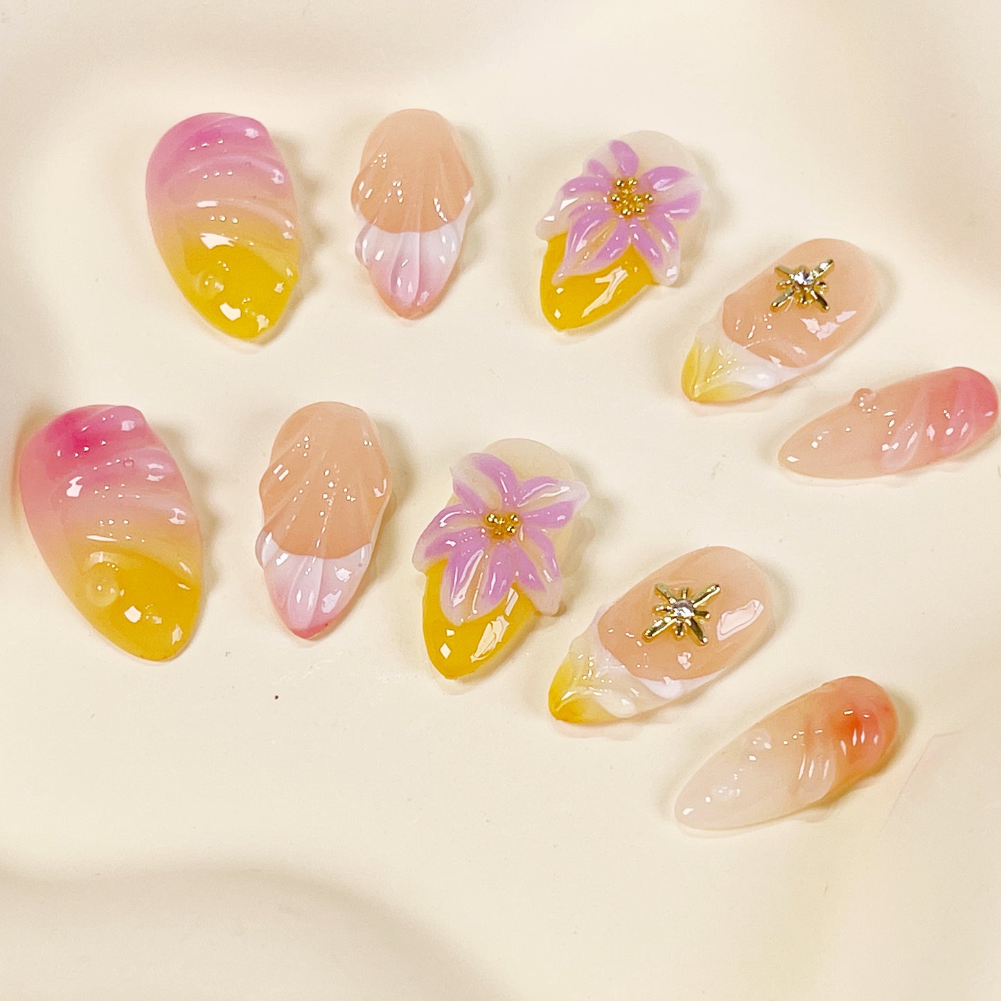 PO042 3D tropical beach flower press on nails