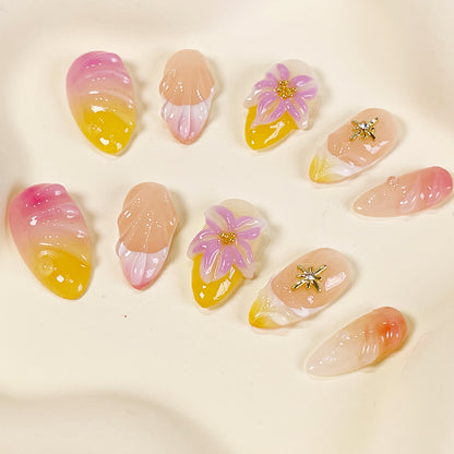PO042 3D tropical beach flower press on nails