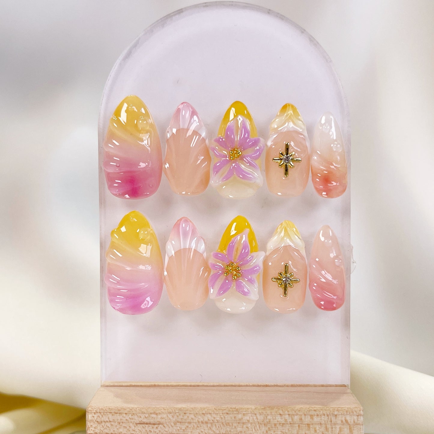 PO042 3D tropical beach flower press on nails
