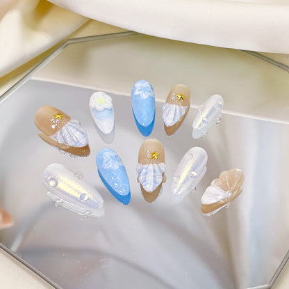PO043 3D mermaid seashell press on nails