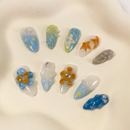 PO046 3D tropical beach seashell ocean press on nails