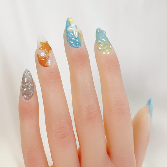 PO046 3D tropical beach seashell ocean press on nails