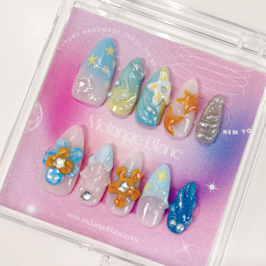 PO046 3D tropical beach seashell ocean press on nails