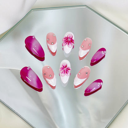 PO050 3D flower french tip aurora almond press on nails