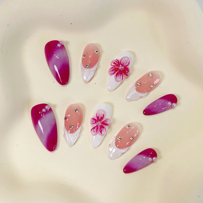 PO050 3D flower french tip aurora almond press on nails