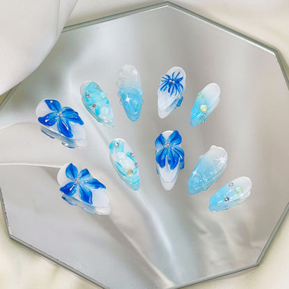 PO051 3d blue orchid ombre flower press on nails