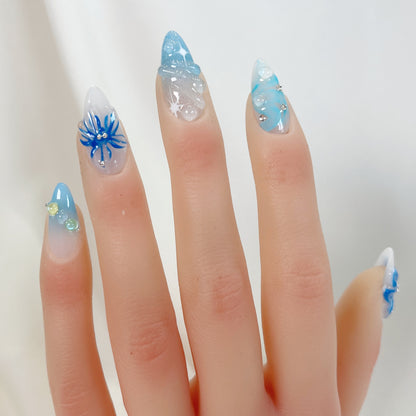 PO051 3d blue orchid ombre flower press on nails