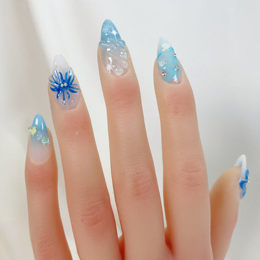 PO051 3d blue orchid ombre flower press on nails