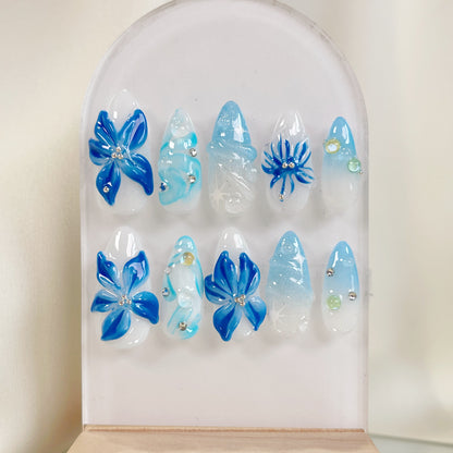PO051 3d blue orchid ombre flower press on nails