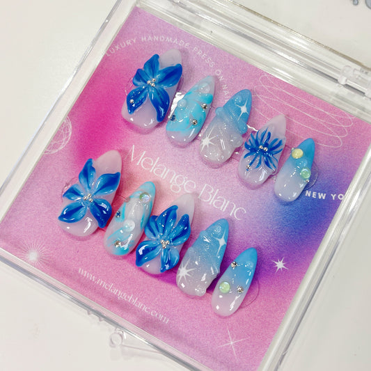 PO051 3d blue orchid ombre flower press on nails