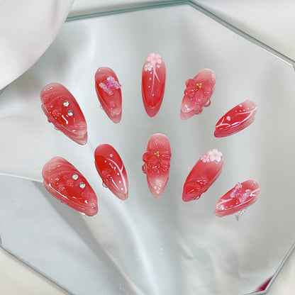 PO054 3d red aurora flower press on nails