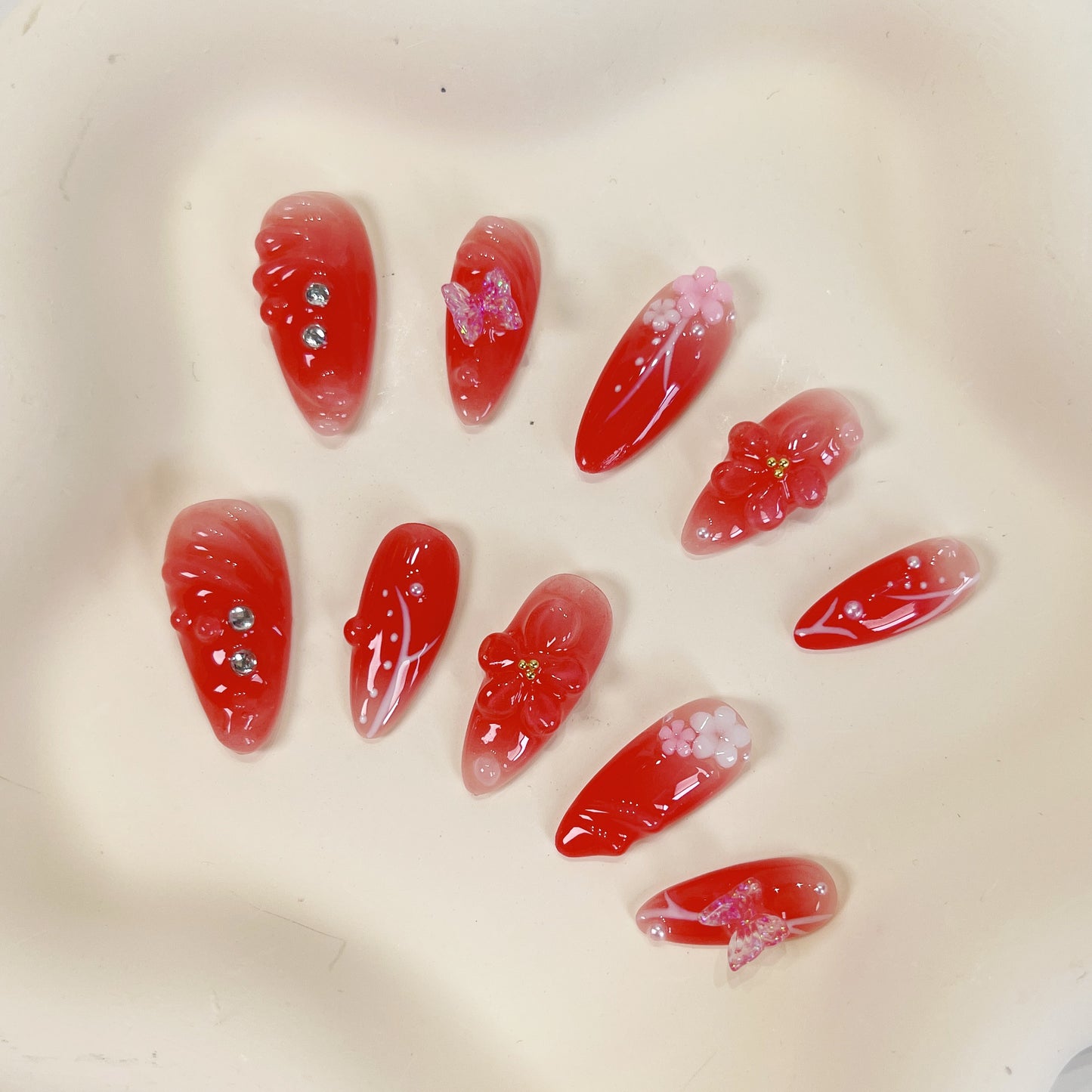 PO054 3d red aurora flower press on nails