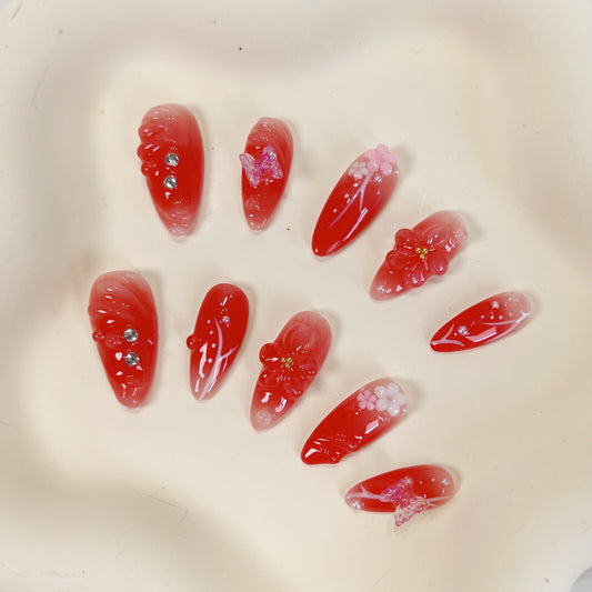 Red aurora ombre 3D flower almond press on nails